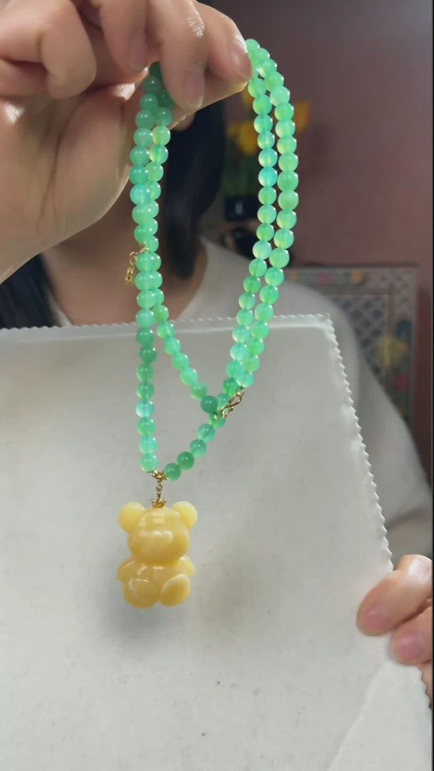 【闪购商品】玛瑙/玉髓项链18K金镶嵌天然澳玉搭配小熊项链