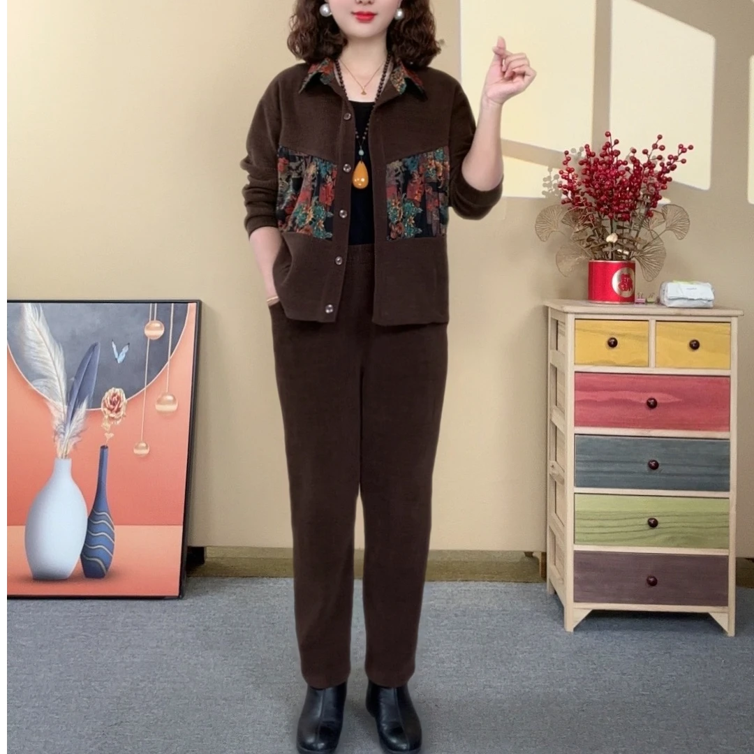 复古印花拼接中年套装2025秋冬新款长袖外套休闲裤减龄妈妈两件套