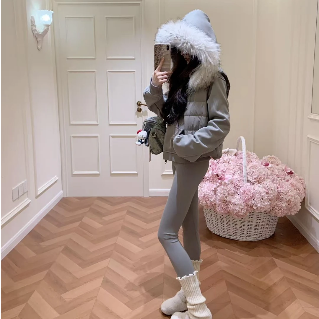 灰色拉链连帽毛领卫衣女秋冬宽松无袖马甲外套上衣百搭紧身长裤子