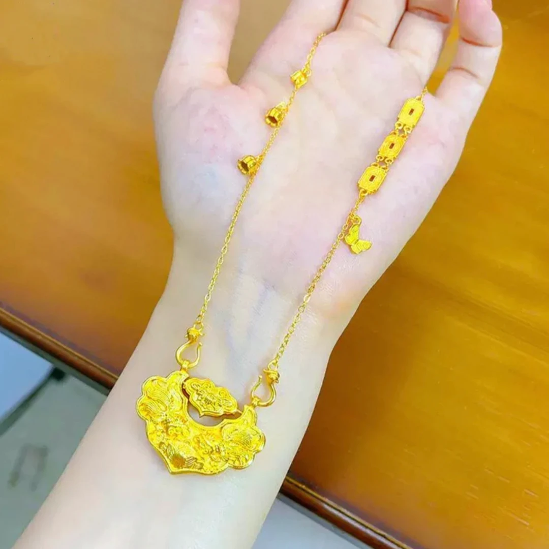 铜合金项链 古法錾刻双鱼锦鲤锁包项链女精致平安锁吊坠锁骨链