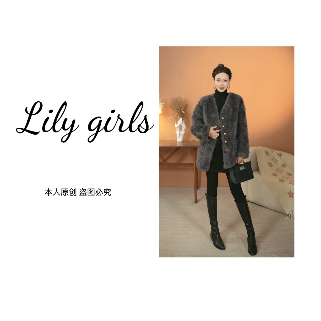 李李【高定奢华】海宁V领毛毛外套女2024秋冬新款女装保暖气质加厚