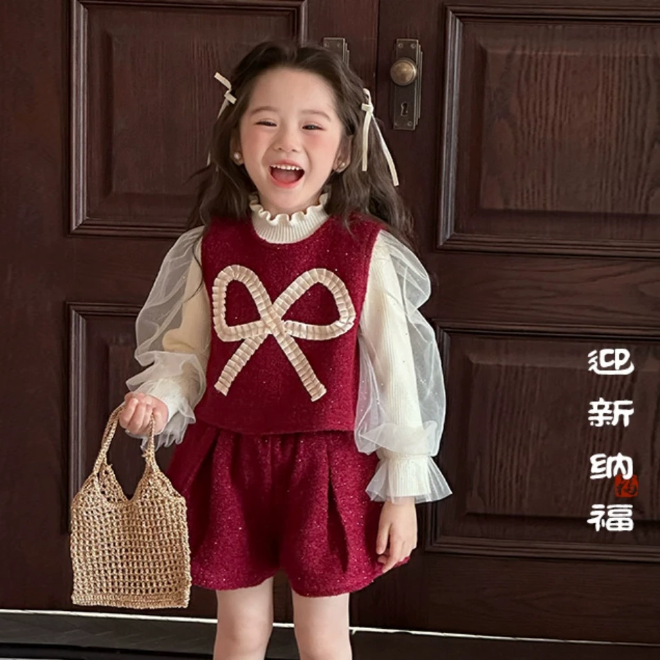 女童洋气小香风新年套装秋冬2024新款女宝宝红色节日拜年服套裙