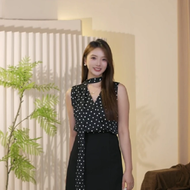 【玉洁】夏季新款纯欲V领设计感小众气质飘带波点无袖衬衫1991