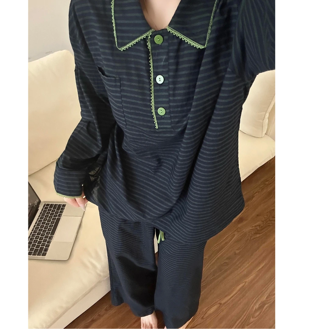 【韩系复古】花边撞色条纹睡衣秋新款大码亲肤长袖长裤家居服套装