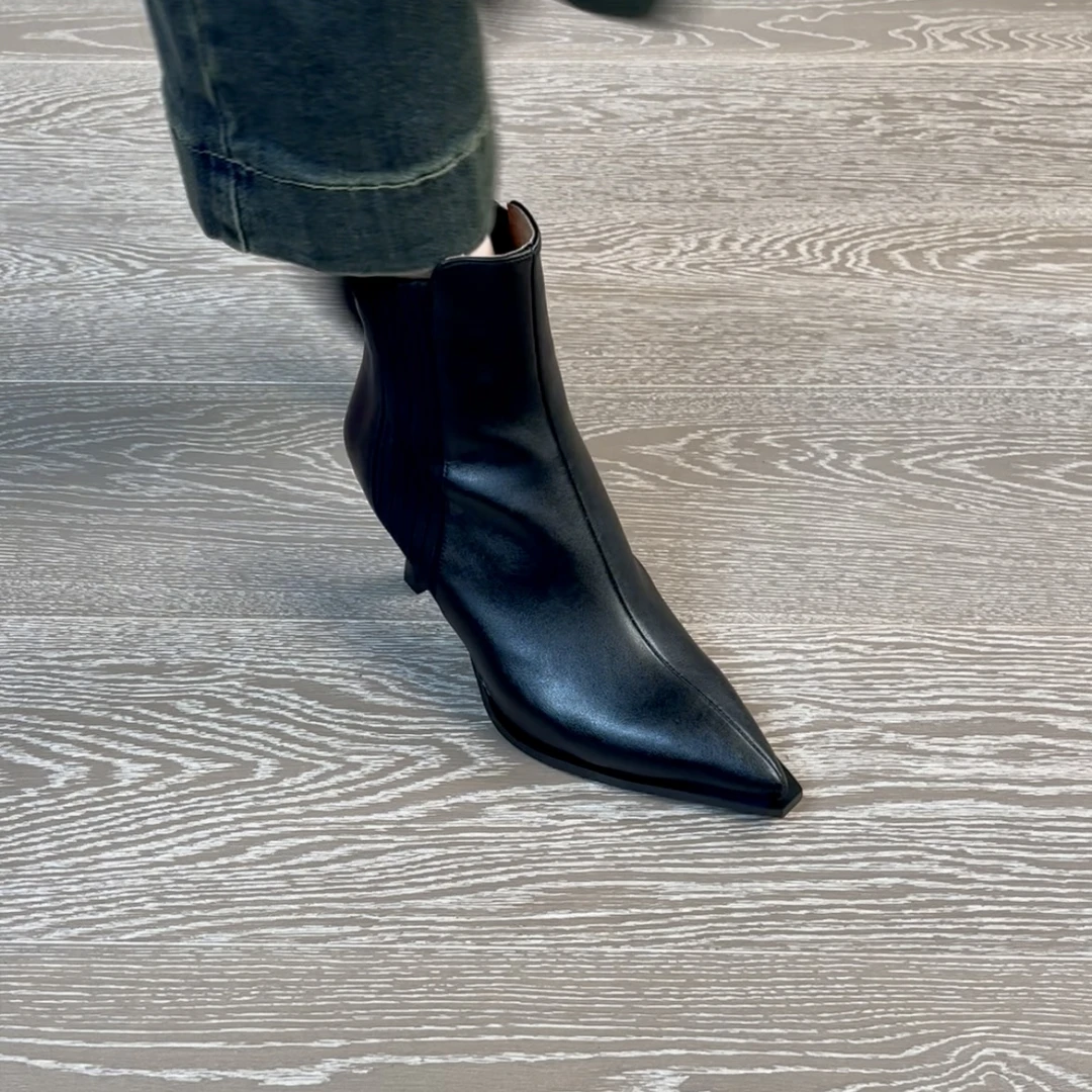 7.5CM牛皮时装靴气质尖头靴秋冬绒里尖头棕色筒靴女靴粗跟细跟