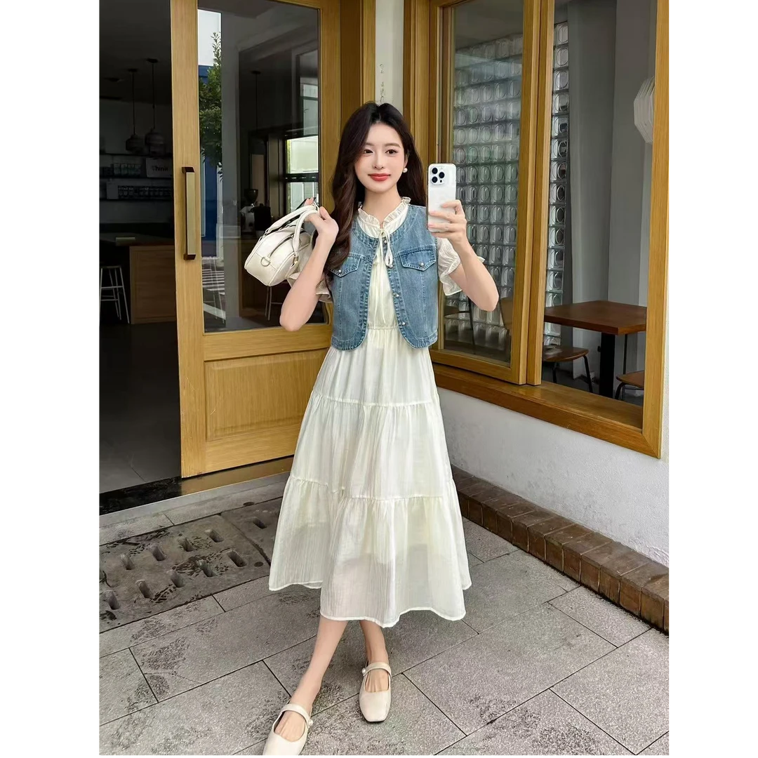 2025新款牛仔马甲连衣裙超仙两件套甜美度假减龄裙205233