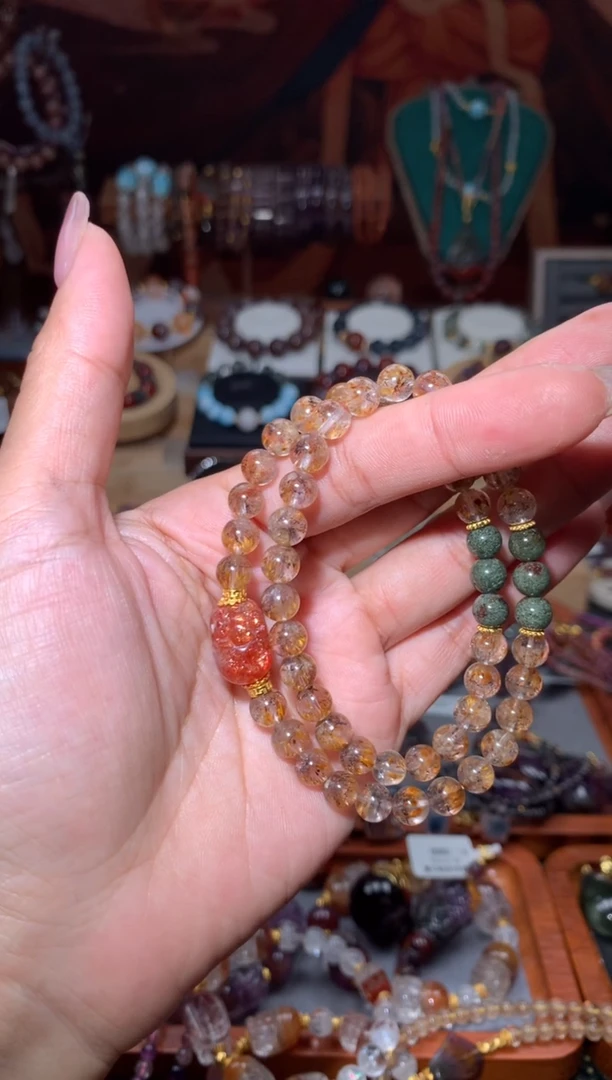 未镶嵌珠宝半成品水晶黄超七金太阳IDY双圈手串