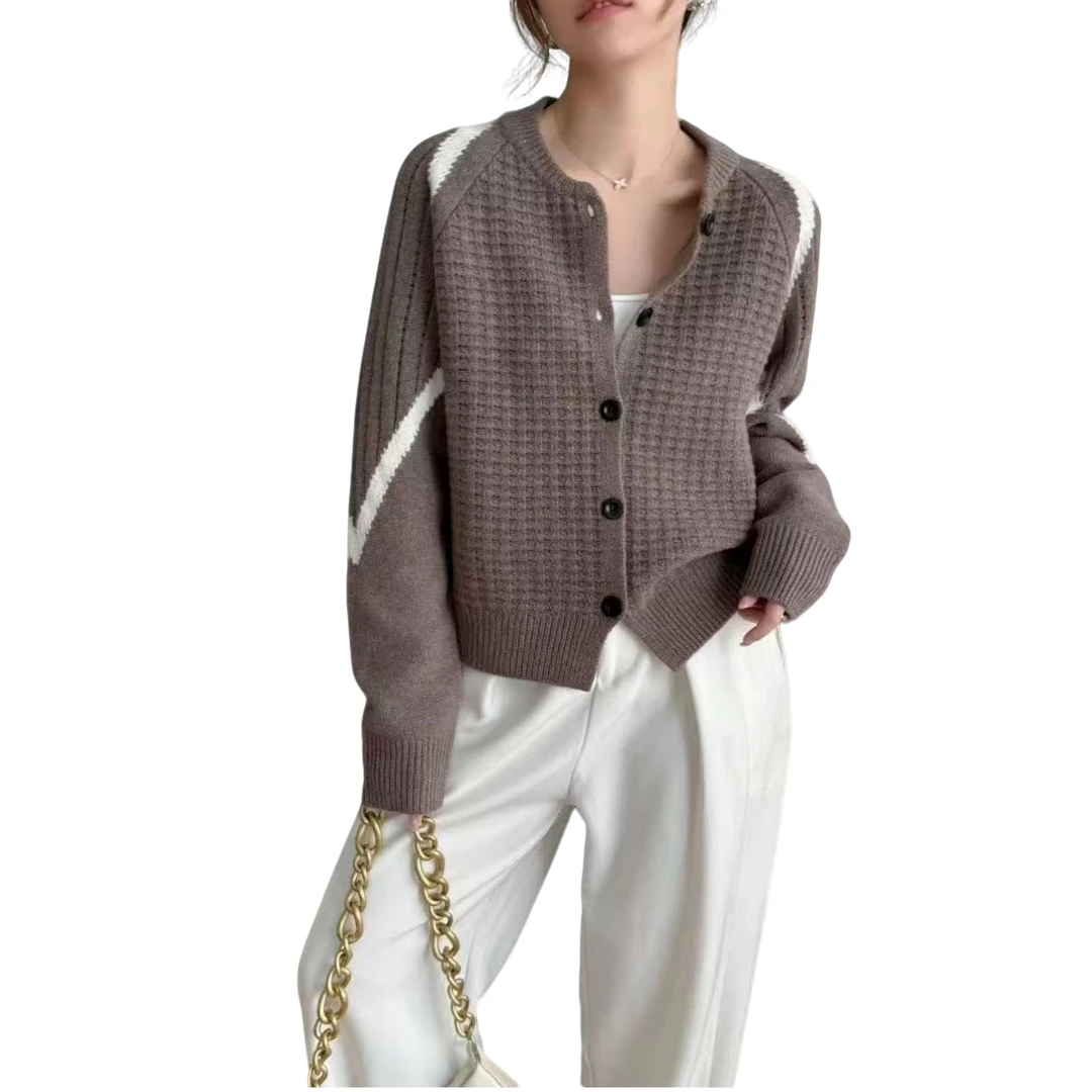 欧货简约拼色针织羊毛开衫女2024秋冬新款外穿时尚毛衣棒球服外套