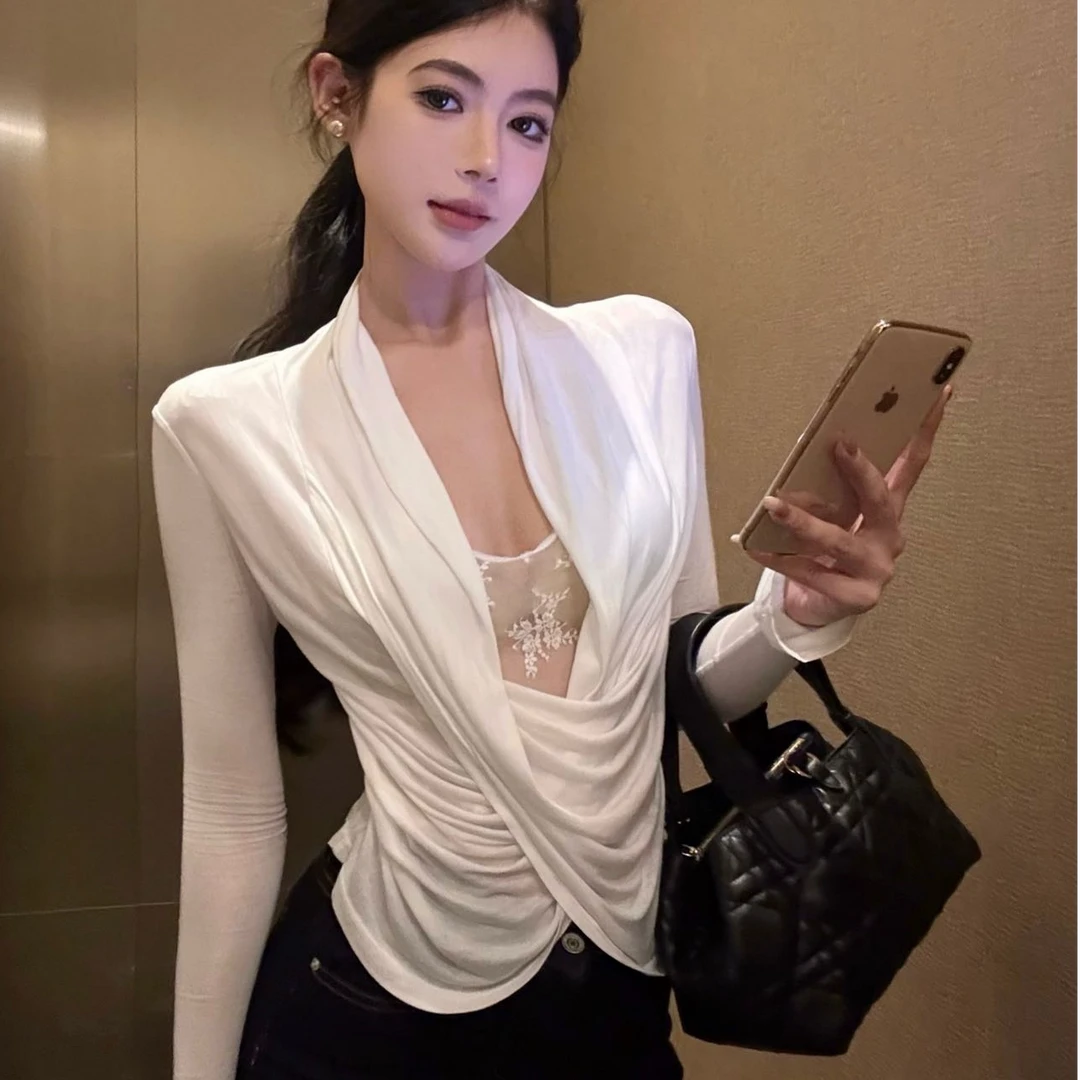 蕾丝拼接假两件荡领T恤女秋冬长袖修身纯欲上衣修身长裤时尚套装