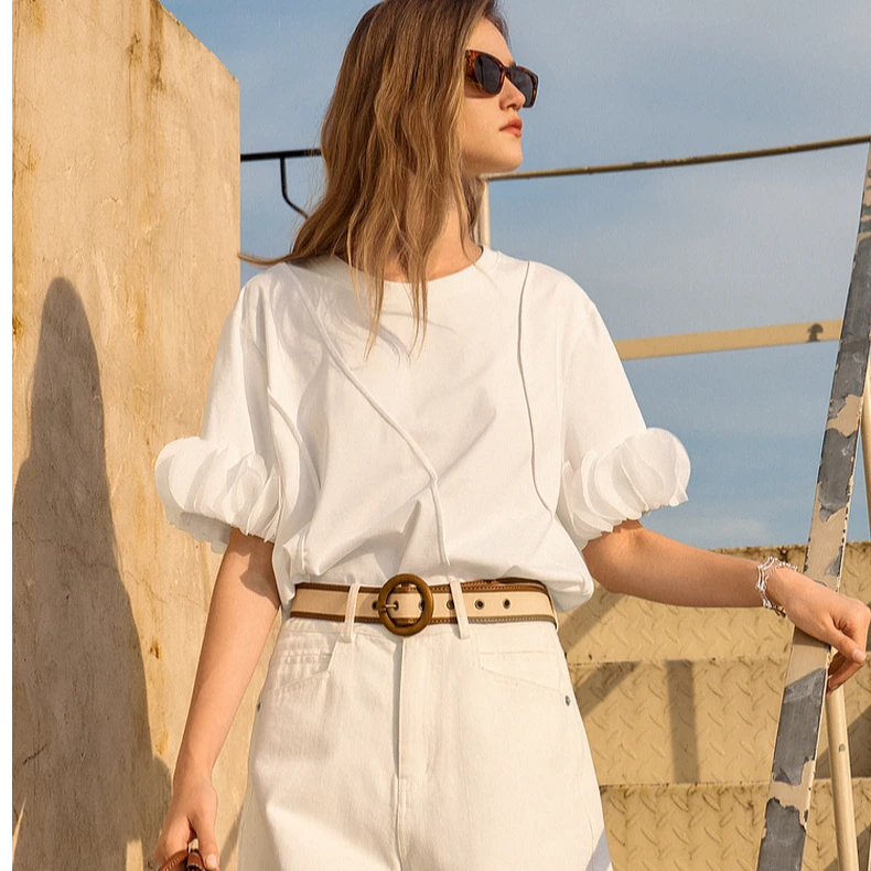 6609贝茜妮法式复古气质短袖t恤女新款宽松设计感显瘦上衣