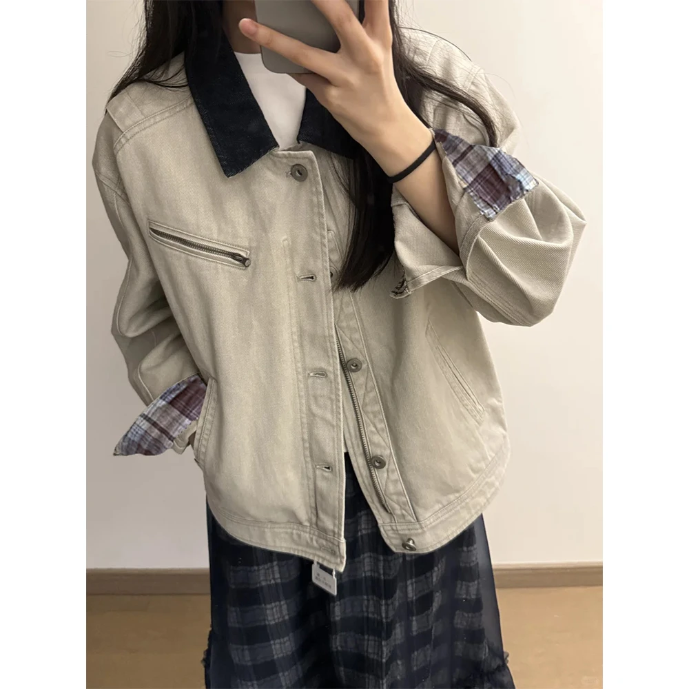 美式复古拼接工装设计夹克外套女装早秋穿搭短宽街头个性翻领上衣