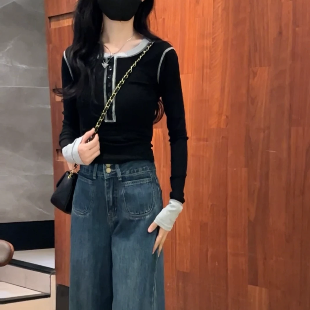 1009款早秋新款时尚百搭显瘦撞色设计打底衫Z