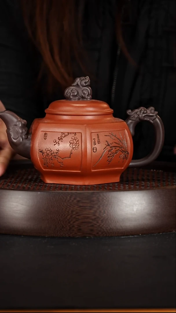 茶壶紫砂宜兴紫砂壶大红袍双色六方宫灯500cc