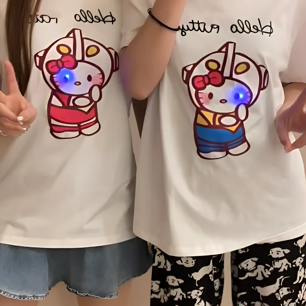 凯蒂猫拍打发光短袖夏季宽松休闲卡通kt猫纯棉t恤情侣百搭上衣潮