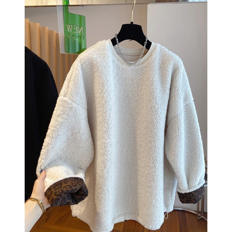 P682高级感黑色超厚卫衣女冬新款宽松休闲加厚保暖套头毛绒上衣