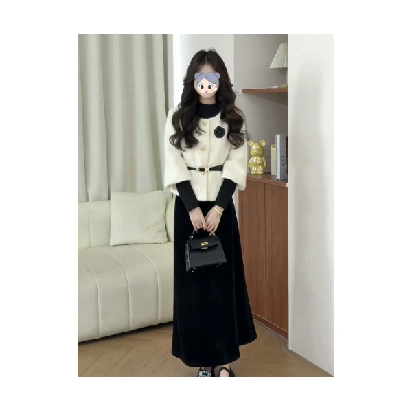 千金风法式立体花朵外套内搭连衣裙女2025秋冬新款复古轻奢两件套