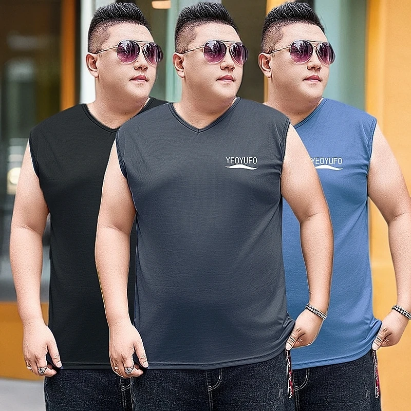 上衣大码男装200-300斤坎肩无袖胖子背心男款夏季网眼透气V领T恤