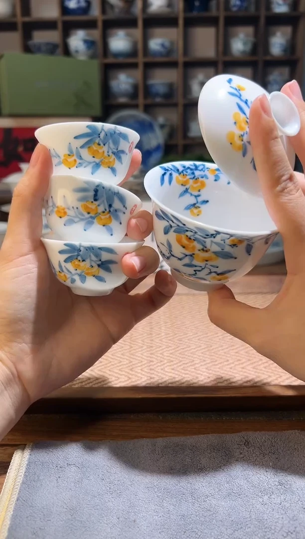 手绘柿子盖碗+送3个客杯