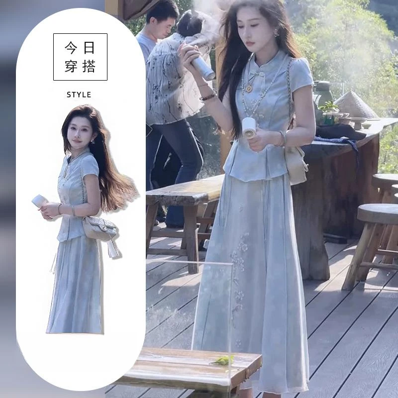 2025年时尚网红新款夏季精致高级感新中式盘扣上衣衫半身裙套装女