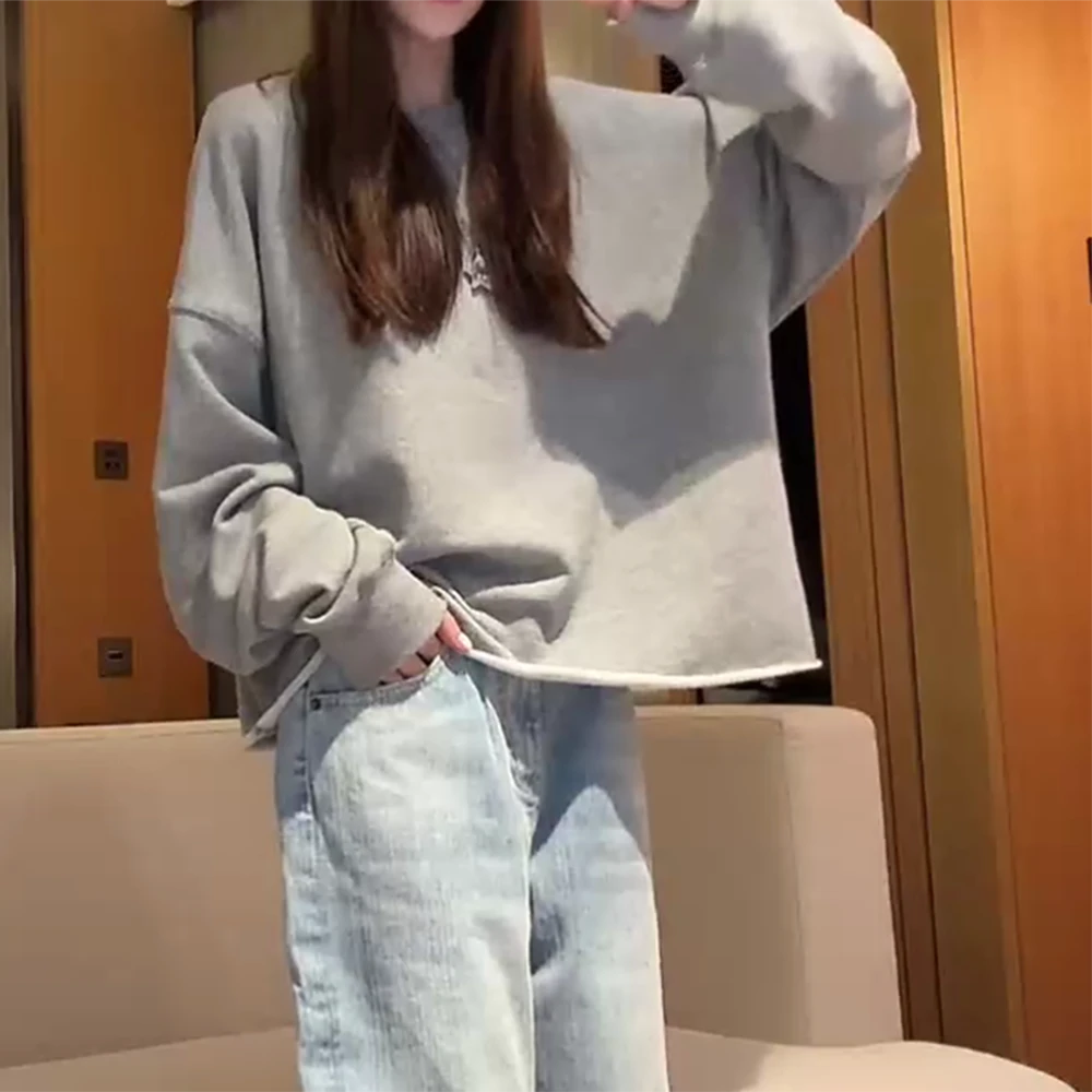 早秋必备基础纯色卷边宽松圆领短款卫衣休闲松弛长袖C5773