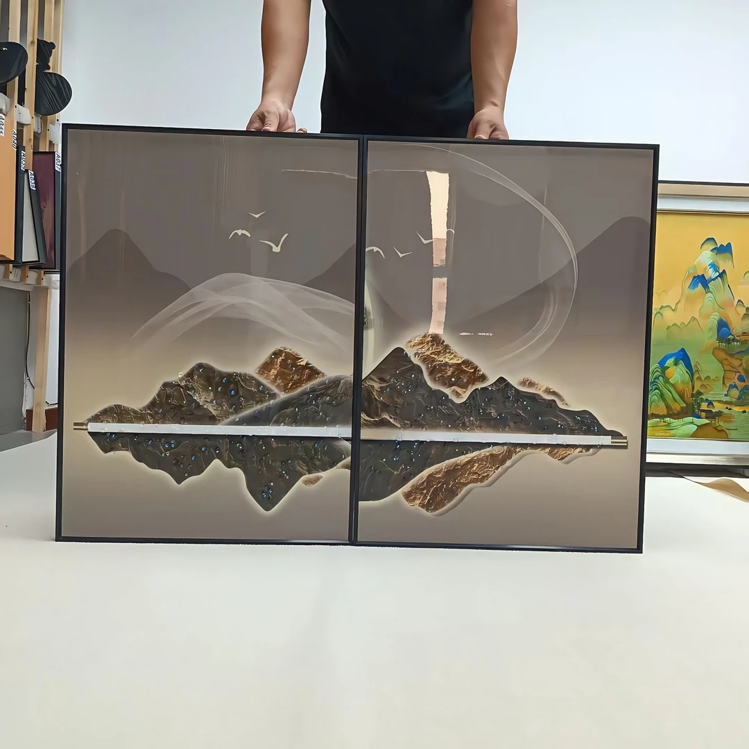 晶瓷镶钻简约大气轻奢客厅两联晶瓷画百搭沙发背景墙壁画山5070