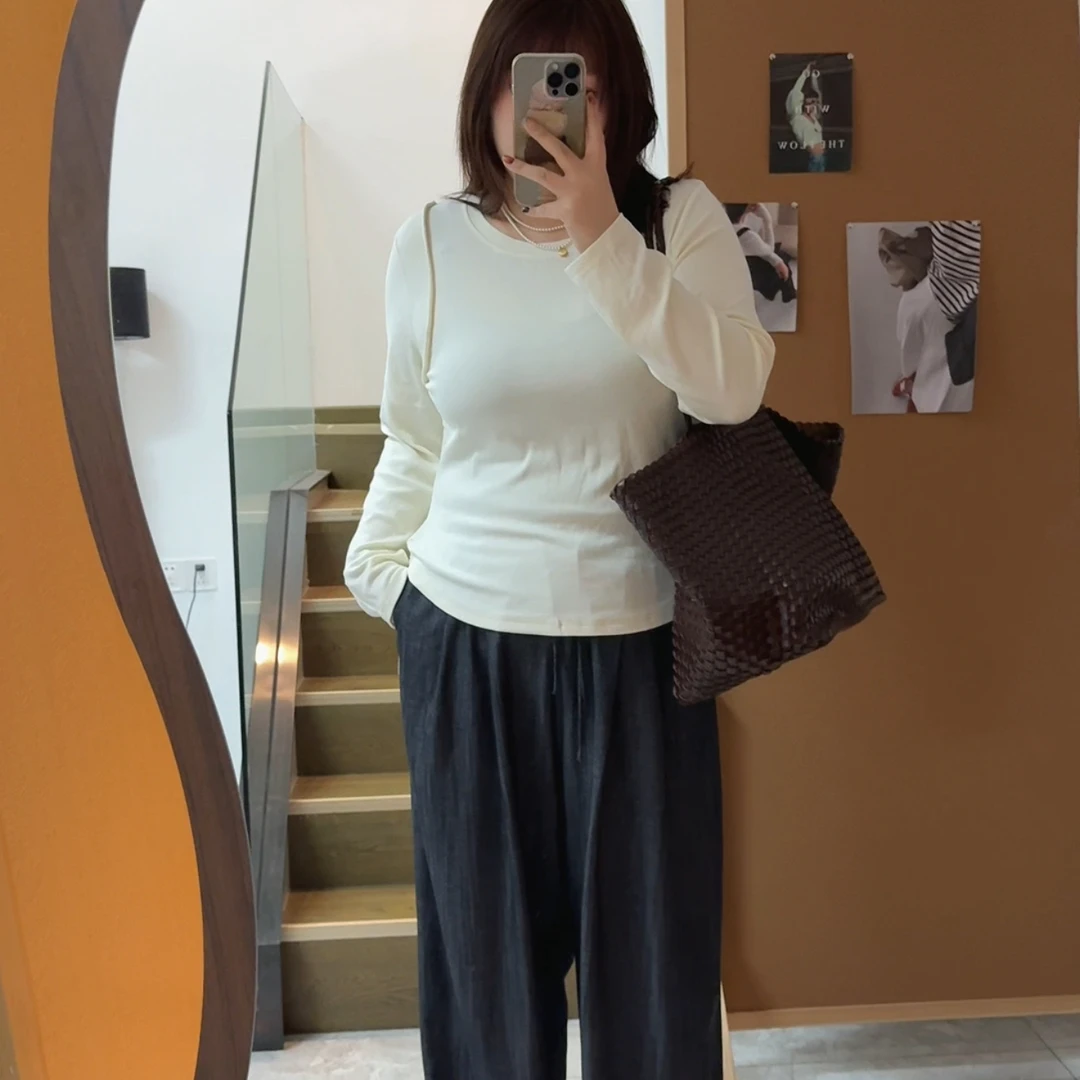 大码胖妹妹秋冬新款显瘦韩系简约拼接出芽条设计小收腰长袖T恤