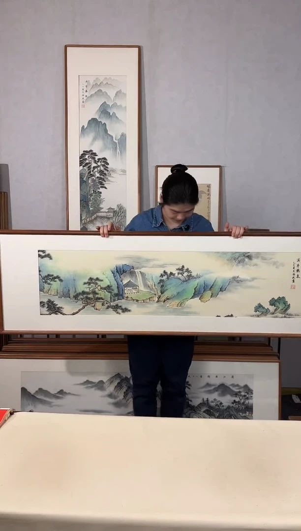 国画手绘*溪亭听泉*52*172cm带框发货