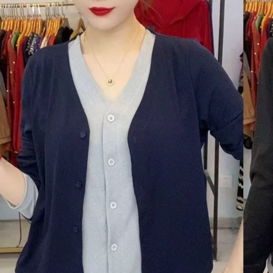 7106-早秋大码撞色假两件高弹力时尚衫