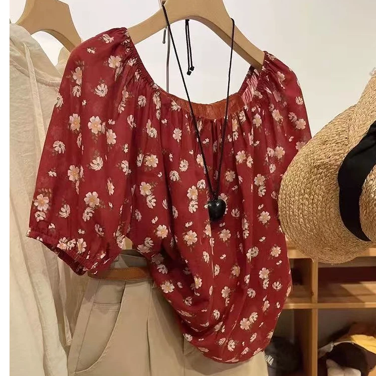 2025百搭款早春夏季新款女装高级感穿搭法式红色短袖碎花衬衣