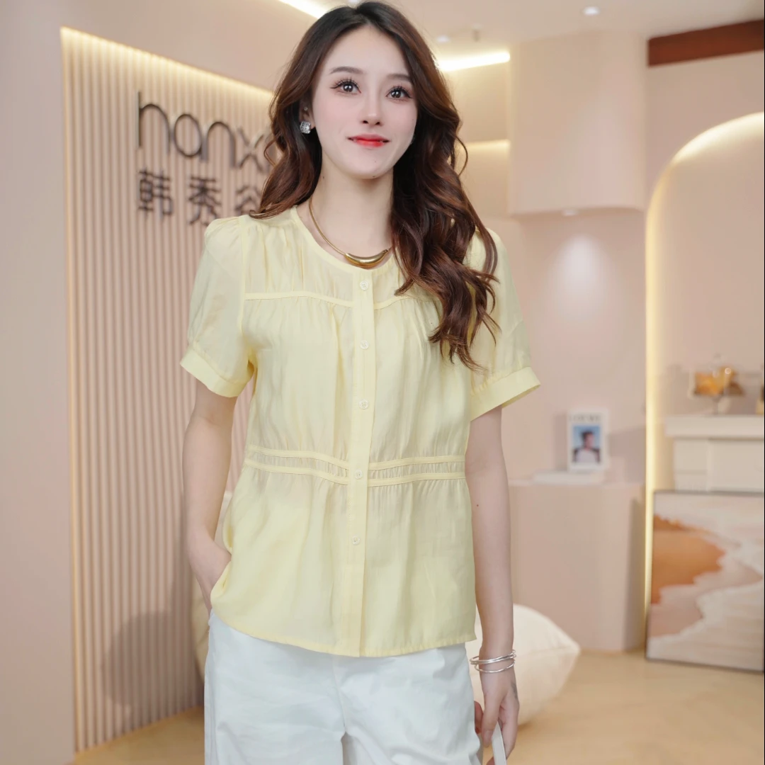 夏季时尚短袖气质衬衫女2025新款洋气显瘦休闲百搭宽松上衣-H525
