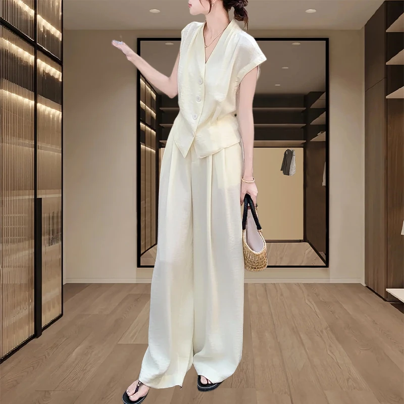 2025夏季爆款轻奢高级感轻熟风马甲阔腿裤套装两件套洋气衣服女士