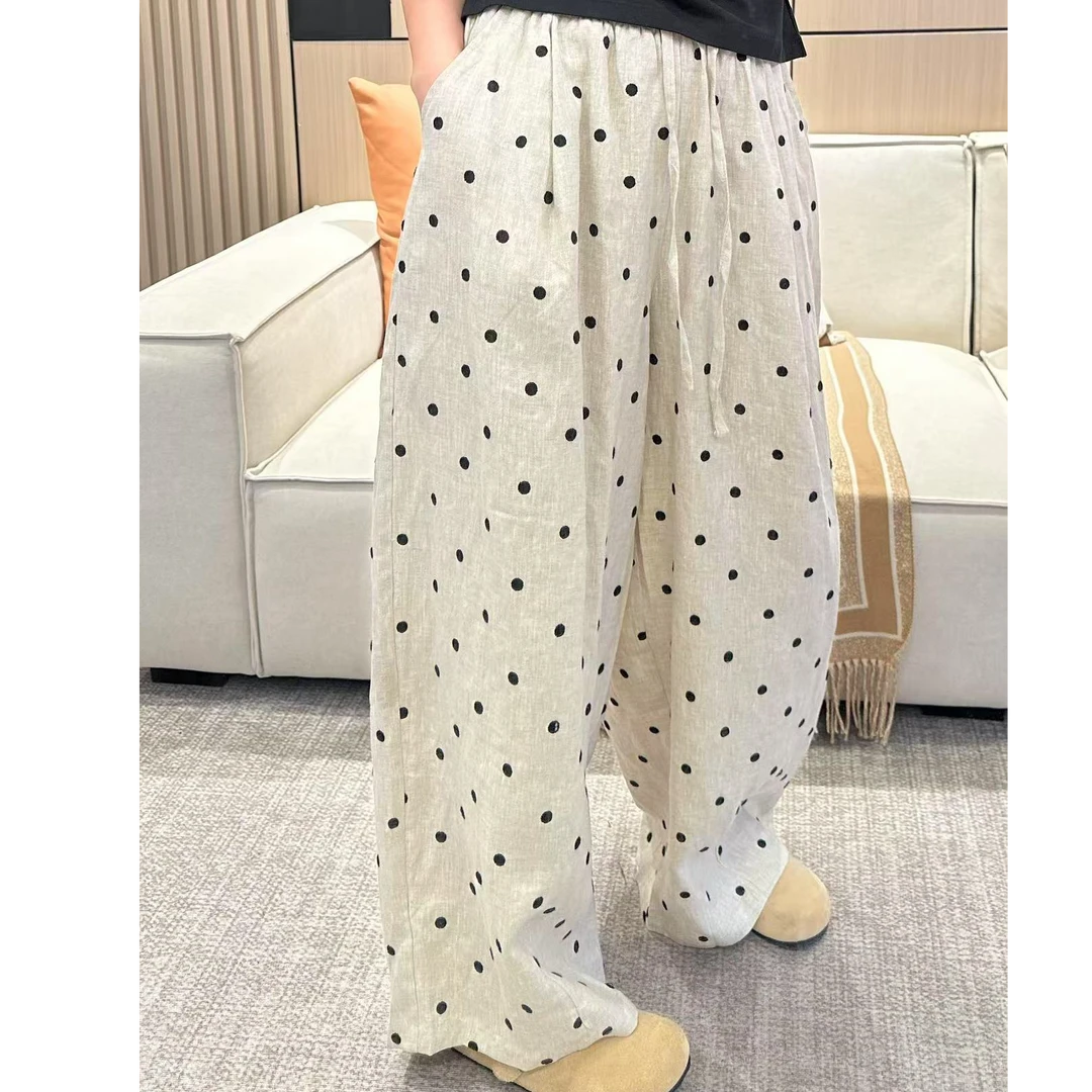 【小婉】原野漫游 夏季松驰感波点刺绣麻料阔腿裤