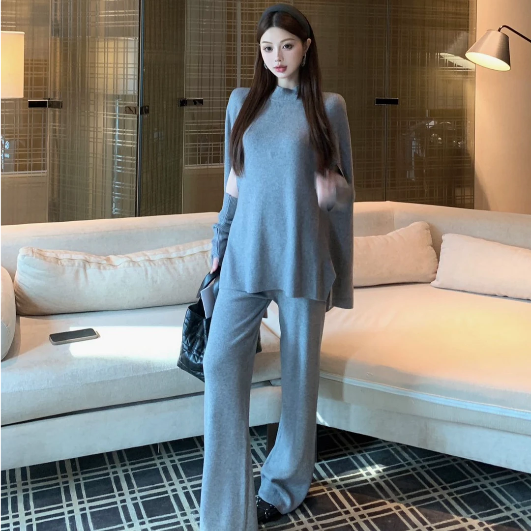 时尚设计感高端慵懒风高级感蝙蝠衫套装上衣＋袖套＋阔腿裤三件套