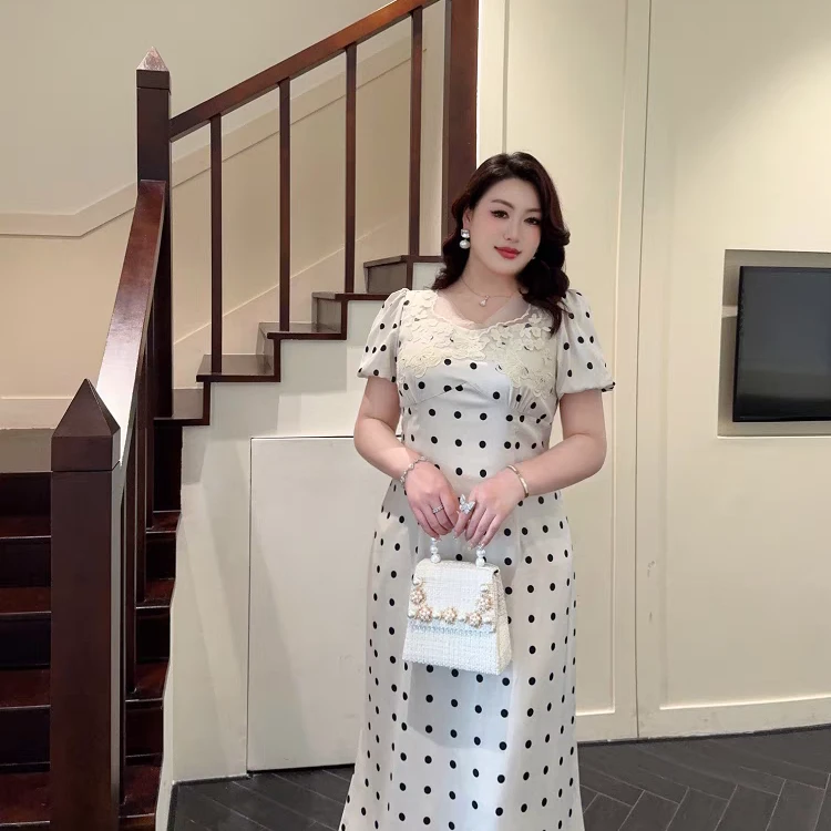 GLEC大码女装2025年夏季新款法式优雅蝴蝶刺绣蕾丝拼接波点连衣裙