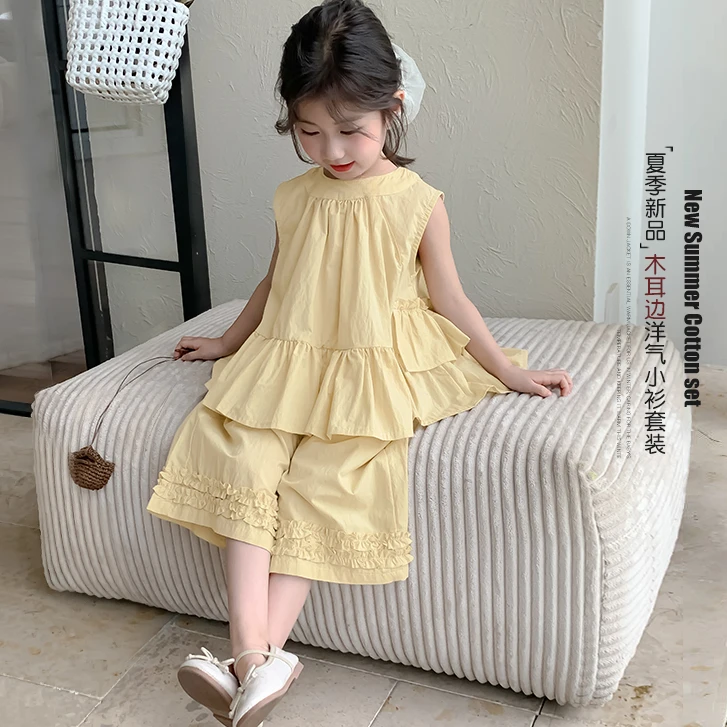 女童夏套装薄款无袖上衣2025新款洋气小女孩背心儿童阔腿裤两件套