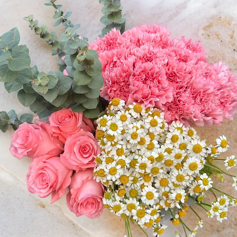 001「花仙子鲜花套餐」粉玫瑰+康乃馨+洋甘菊+配草+营养液