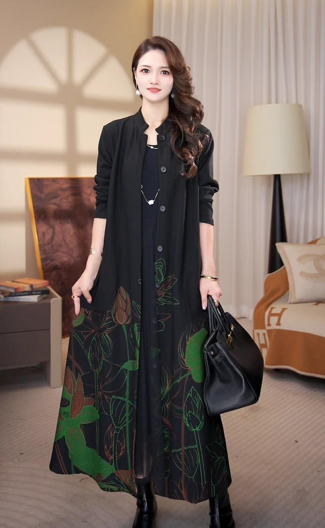 高端品质【步步生莲】秋季新款时尚提花中长款长袖外套风衣W3045#