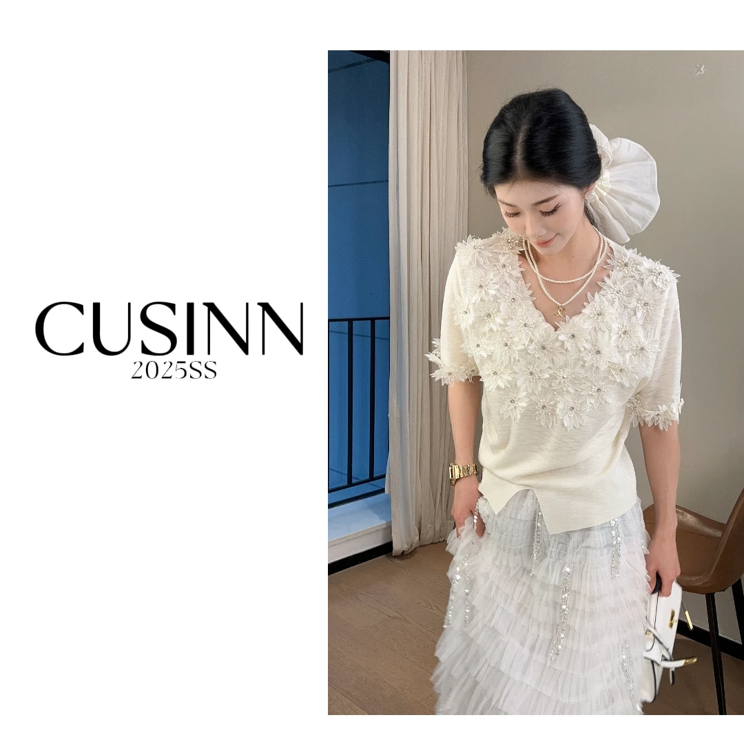 CUSINN【雾漫蔷薇】2025SS轻奢小众法式立体花朵设计感短袖针织衫