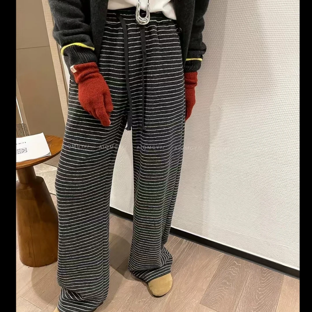 现货条纹裤女窄版垂感加绒冬季直筒拖地裤显瘦遮肉学院风阔腿裤子