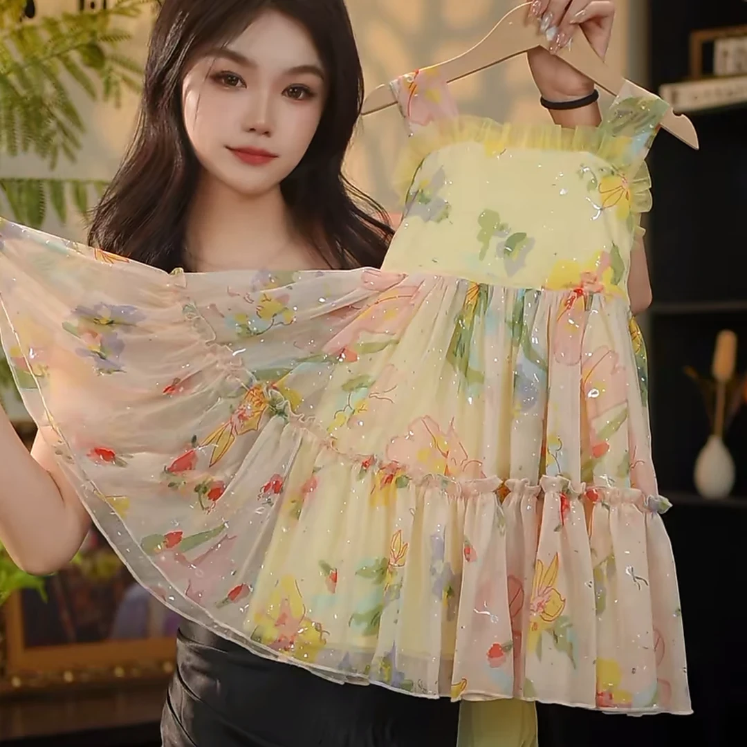 公主风女夏季碎花蓬蓬裙连衣裙洋气吊带公主裙时尚甜美夏款可爱风