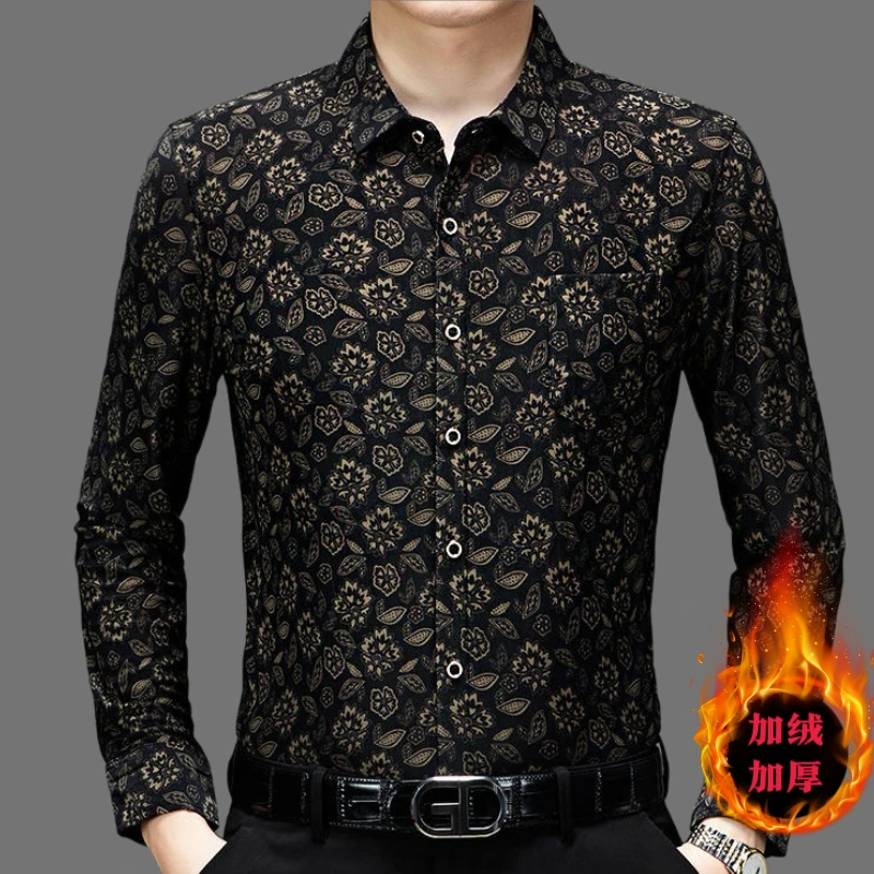 秋冬新款中年男士印花加绒加厚保暖衬衫真口袋男款抗皱长袖衬衫