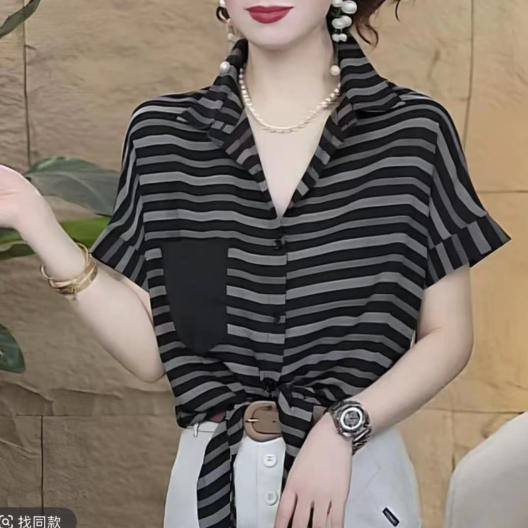2025夏季时尚法式新款简约条纹系带百搭减龄气质衬衫-921