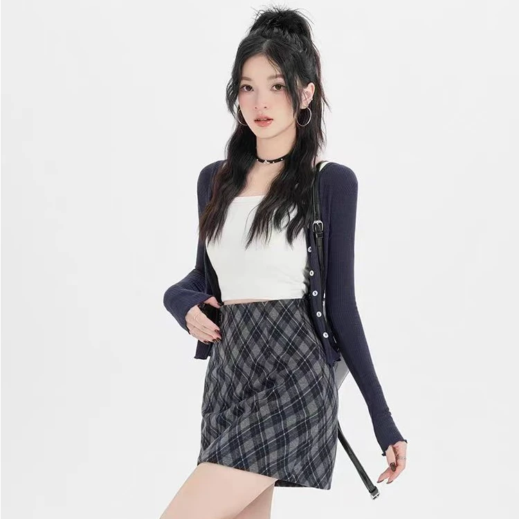 韩版设计感复古格纹A字半身裙女2025秋季新款高腰显瘦小个子短裙