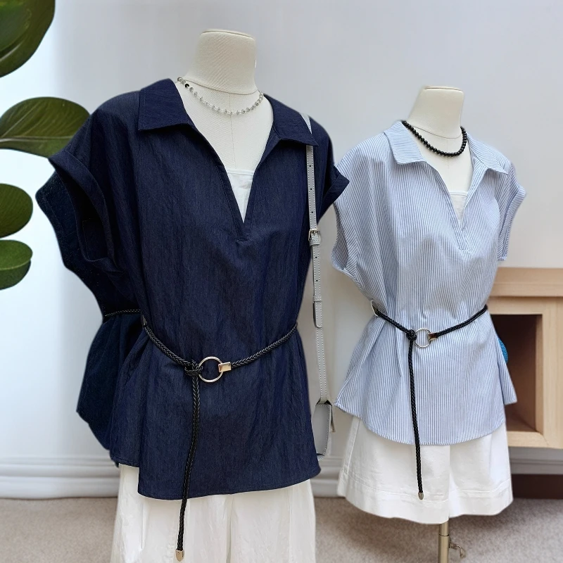 高级棉条纹深V拼接假两件衬衫法式复古翻领休闲松弛感上衣配腰带