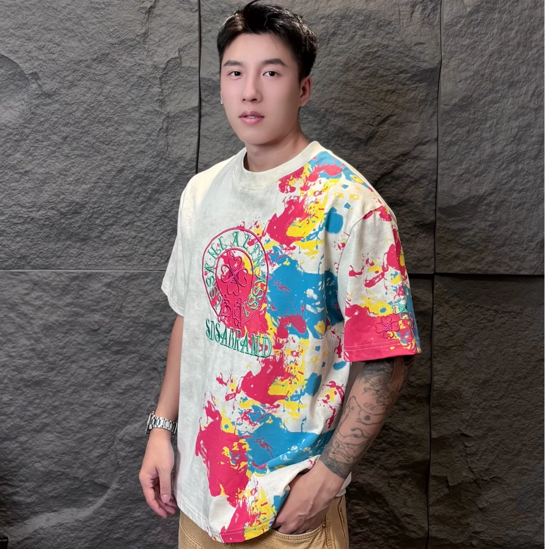 夏季高级感新款男士重工刺绣字母印花短袖T恤满天星设计百搭上衣