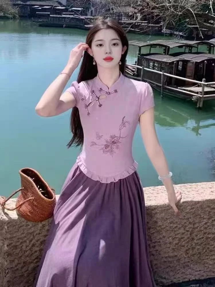 538#[彭姐专属]2025新款紫色套装裙女国风重工刺绣盘扣短袖半身裙