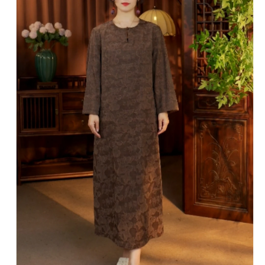 春季新款复古双面穿提花香云纱连衣裙桑蚕丝圆领长裙25530