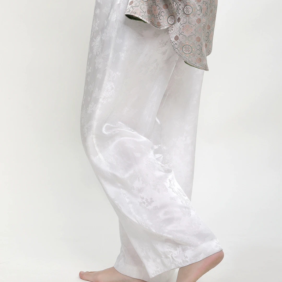 盛唐牡丹|真丝提花中国风白色阔腿裤珍珠白平腰版(蝶恋花纹样)