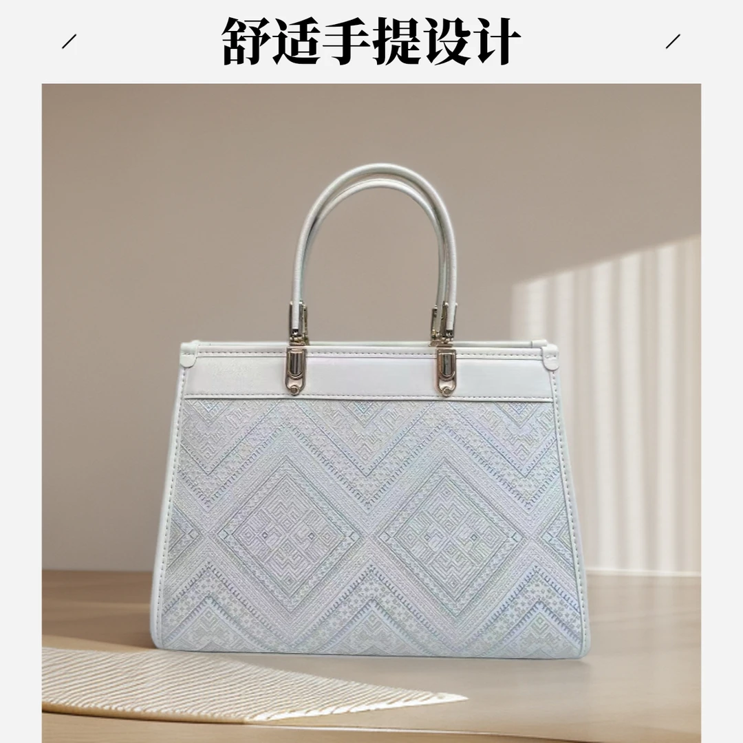 广西壮锦公文式学院风格拉链托特包双根单肩包斜跨包百搭银色单肩