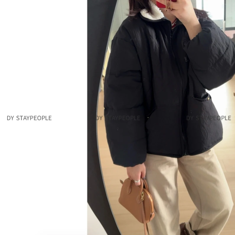 DY【雪季】乖系～韩风小众拉链门襟拼接毛毛领绗棉加厚宽松棉衣外套